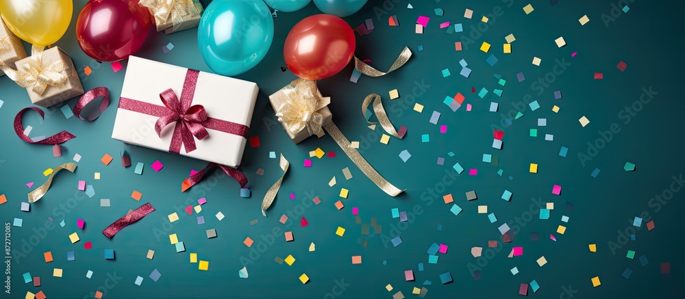 Poster A flat lay photo of a festive birthday display shows vibrant balloons, confetti, and a gift box with an open lid, ideal for a copy space image.