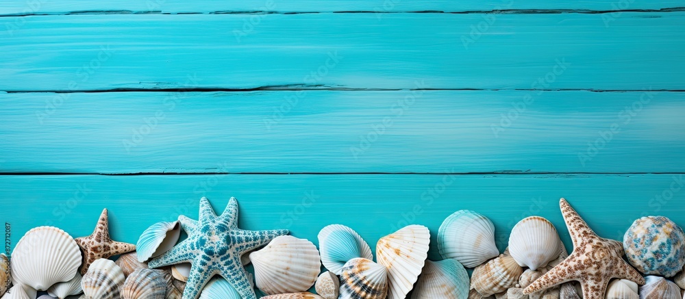 Poster seashells displayed on a backdrop of turquoise wood, with copy space image.