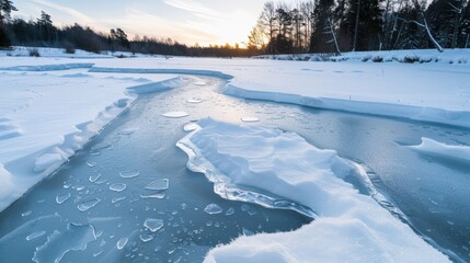 Frozen lake with snow-covered landscape at sunset