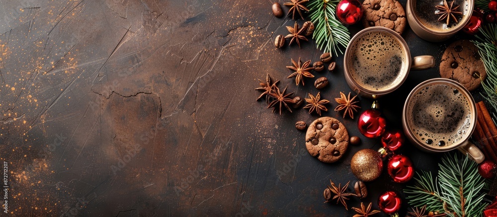 Poster fragrant hot coffee and chocolate cookies for santa claus. a drink for the holiday and a cozy christ