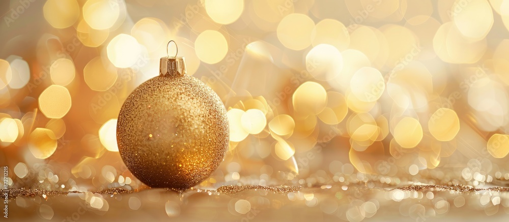 Aufkleber christmas decorations featuring a gold ball against a blurred bokeh light background with copy space