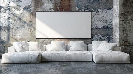 Industrial living room with white furniture, concrete walls, and large windows.