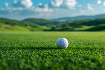 Serene Golf Ball on Lush Green Course at Sunrise
