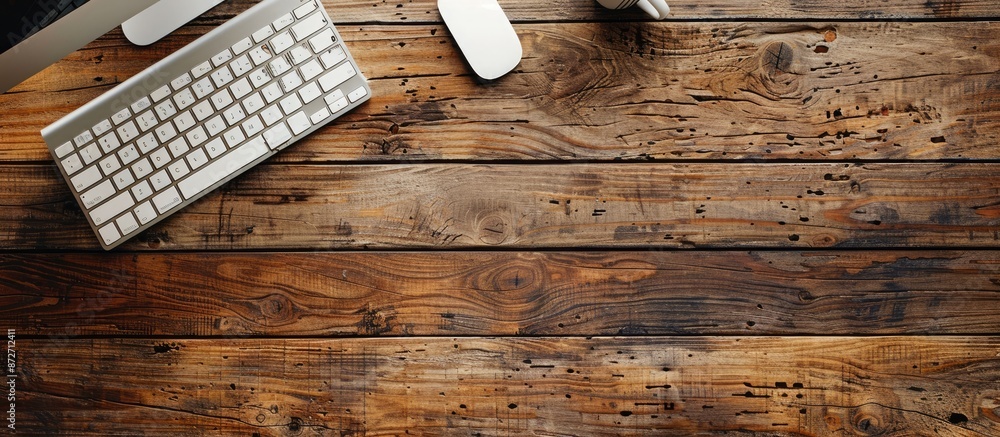 Poster A bird's-eye view of a wooden office desk with a white keyboard and mouse, showing ample copy space image.