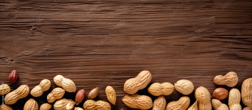 Leinwandbilder top view of peanuts shown with and without shells, arranged on a wooden surface, with copy space ima