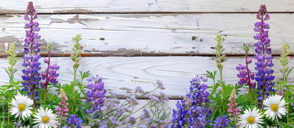 Aufkleber a rustic white wooden window with a beautiful bouquet of lupines and chamomiles, surrounded by purpl