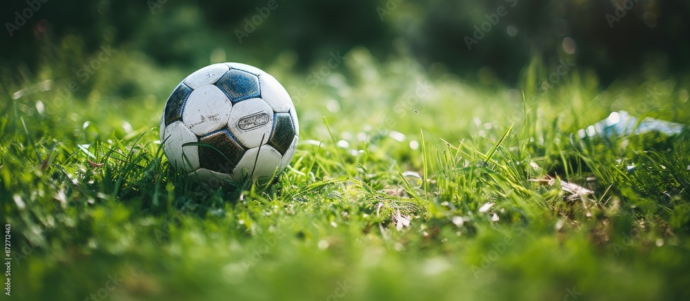 Poster a weathered soccer ball rests atop lush green grass with ample copy space image.