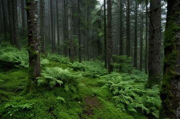 Obraz premium Lush green forest with ferns and moss-covered trees