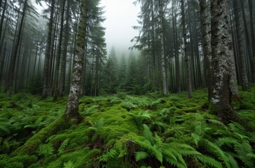 Lush green forest with ferns and moss-covered trees