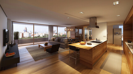 Contemporary living room with wooden flooring, modern furniture, and an open kitchen.