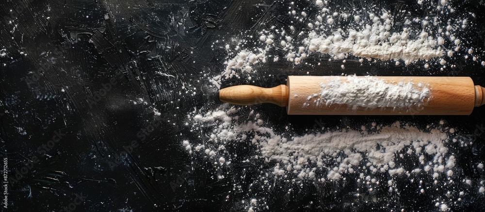 Poster Top view of a rolling pin dusted with flour on a black backdrop, perfect for adding text or visuals, creating a baking-themed copy space image.