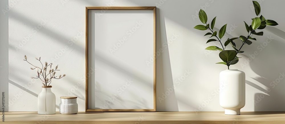 Poster wooden frame with blank sheet of paper on light wall. copy space. mock up concept