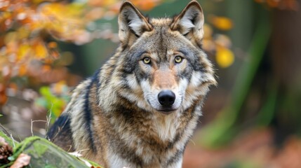 Obraz premium International Wolf Day. Horizontal banner. Portrait of a gray wolf against a background of yellow-green forest. Wildlife conservation concept. Environmental protection, animal protection