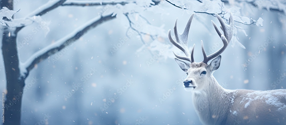 Poster close-up of a white deer in a winter day setting with copy space image.