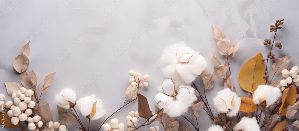 Poster A fall-themed arrangement featuring eucalyptus, cotton flowers, and dried leaves on a soft gray backdrop. Top-down view with room for text or image in the center. with copy space image