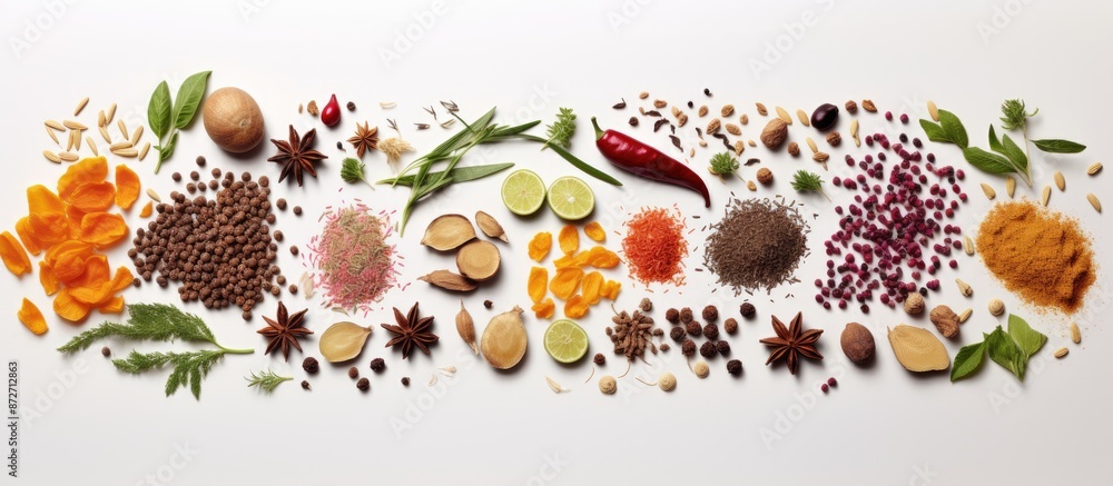 Poster top-down view of herbs and spices arranged on a light background, with ample copy space image.