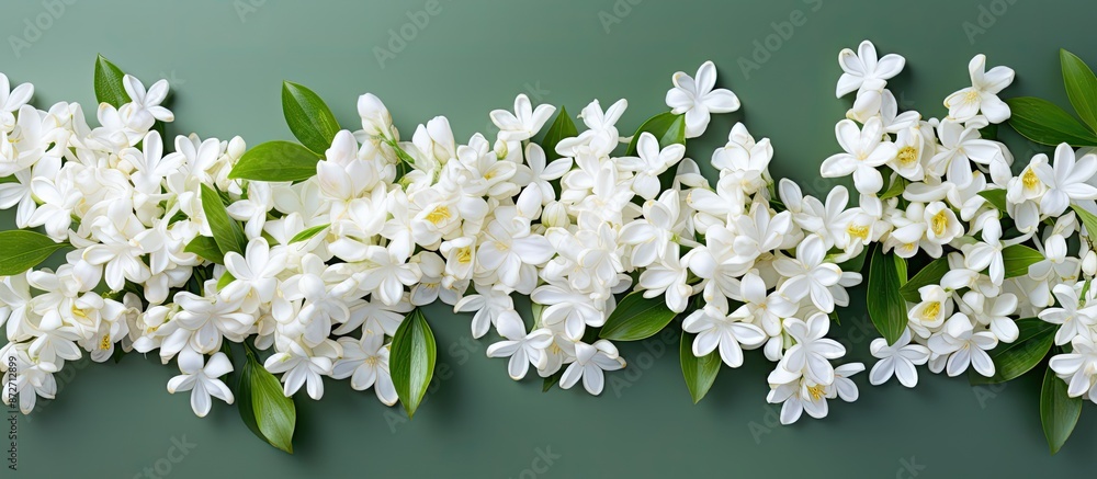 Poster top view of delicate white jasmine flowers arranged in a pattern with space for text in a flat lay c