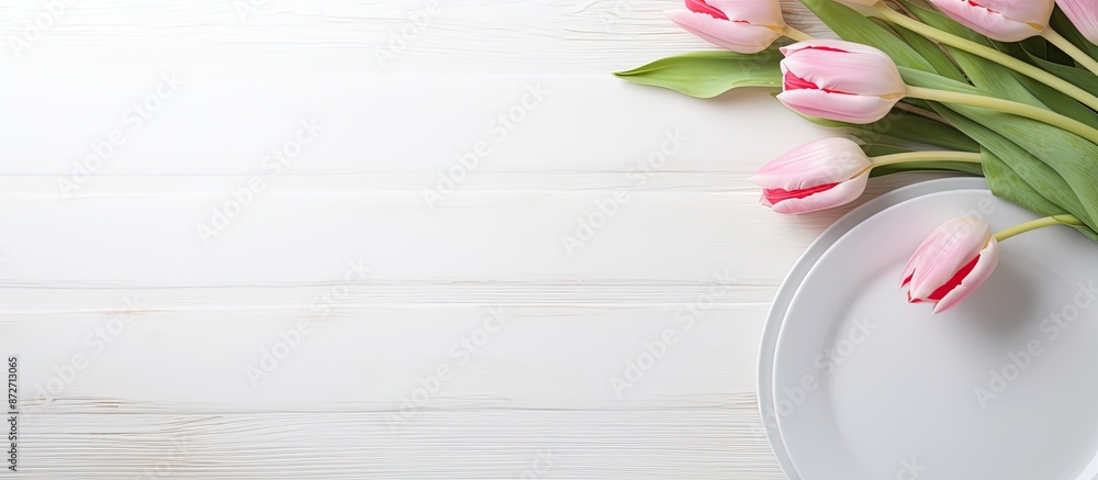 Aufkleber a white plate with cutlery resting beside tulips on a soft grey backdrop provides ample copy space i
