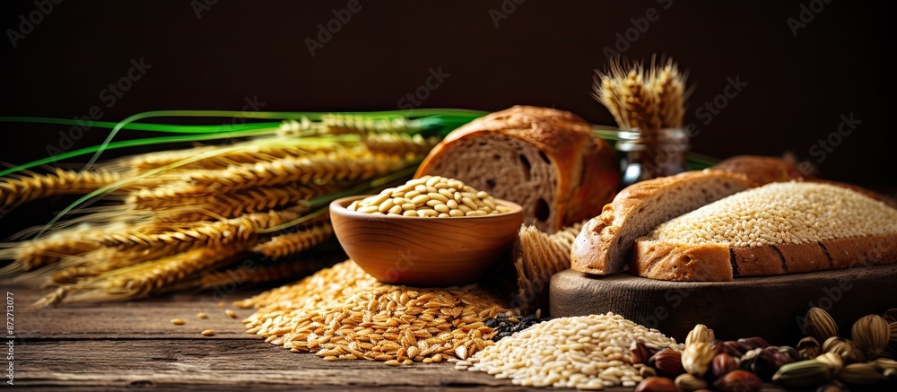 Poster Image with various gluten-free grains and carbohydrates for those with gluten intolerance, with space for text. with copy space image. Place for adding text or design