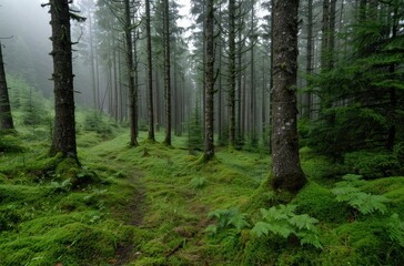 Fototapeta premium Lush green forest with moss-covered trees and ferns