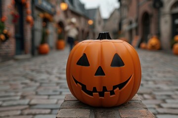 Festive jack-o'-lantern pumpkin on cobblestone street