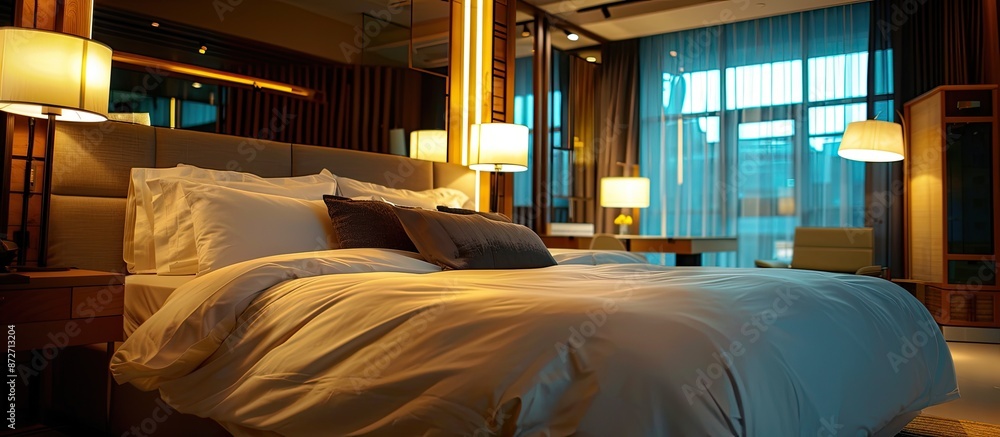 Poster Cozy bedroom with a huge bed and pillows. with copy space image. Place for adding text or design