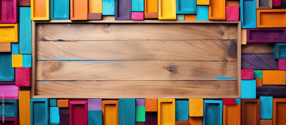 Leinwandbilder Various colorful wooden pieces are arranged in a frame with ample copy space for text input, creating an isolated background with a textural element.