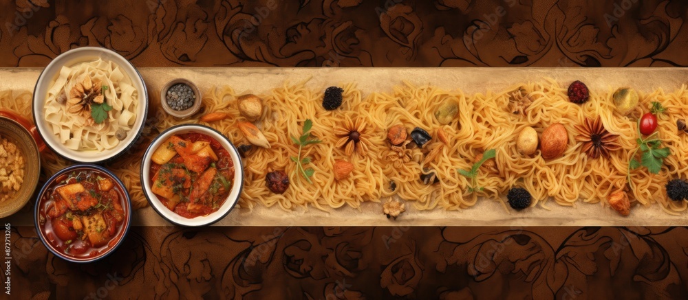 Poster top view of oriental dishes in uzbek style such as lagman, pilaf, and manti with a catering menu ban