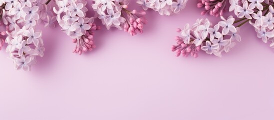 Fototapeta premium Delicate lilac flowers blooming on a pink backdrop in a lovely copy space image.
