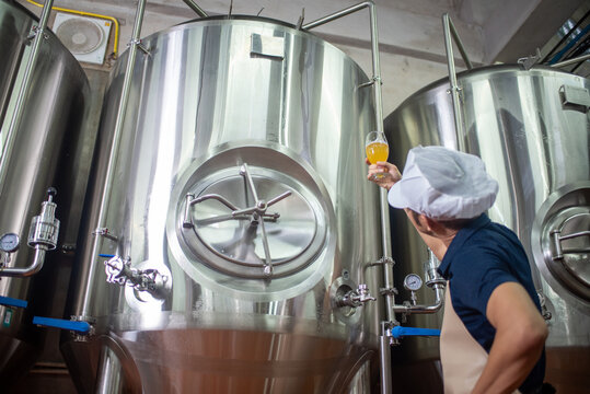 An Asian male brewer tests beer samples by pouring beer - Powered by Adobe