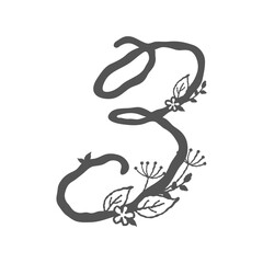Floral decorative initial alphabet monogram design with flowers, twigs, and leaves in elegant capital word letter number 3