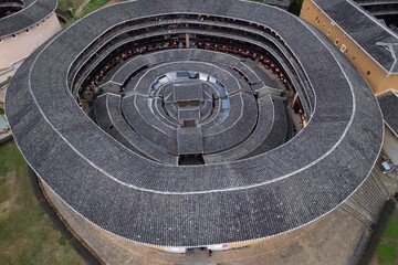 View of a traditional Chinese round tulou building in Fujian, China