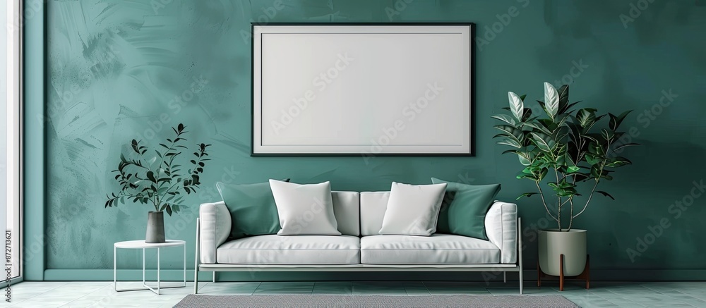 Poster Blank frame with vase and sofa near green wall. with copy space image. Place for adding text or design