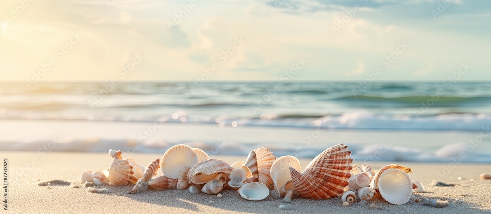 Poster Close-up of shells on the sandy beach with copy space image.