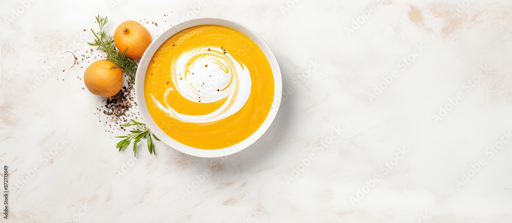 Aufkleber Creamy pumpkin soup with a silky texture, showcased on a marble background with ample copy space in a top-down view.