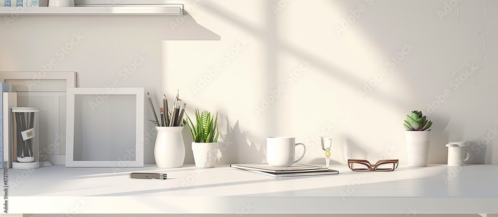 Poster front view workspace with a white desk table adorned with supplies and a coffee mug, offering ample 