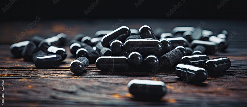 Poster powerful activated charcoal pills displayed on a dark table with ample space for text alongside in t