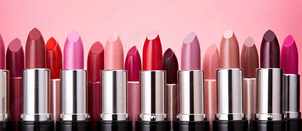 Poster close-up of various lipsticks against a pink backdrop with copy space image.