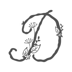 Floral decorative initial alphabet monogram design with flowers, twigs, and leaves in elegant capital word letter d