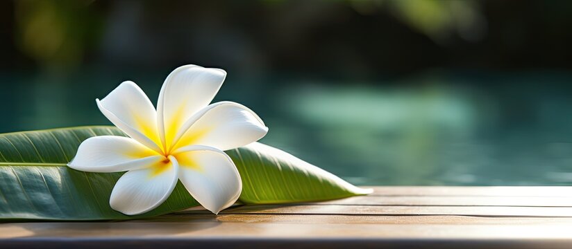 Frangipani flower on a palm leaf, a sacred temple symbol with immortality connotations perfect as a background for holiday and travel advertisements, providing a serene copy space image.