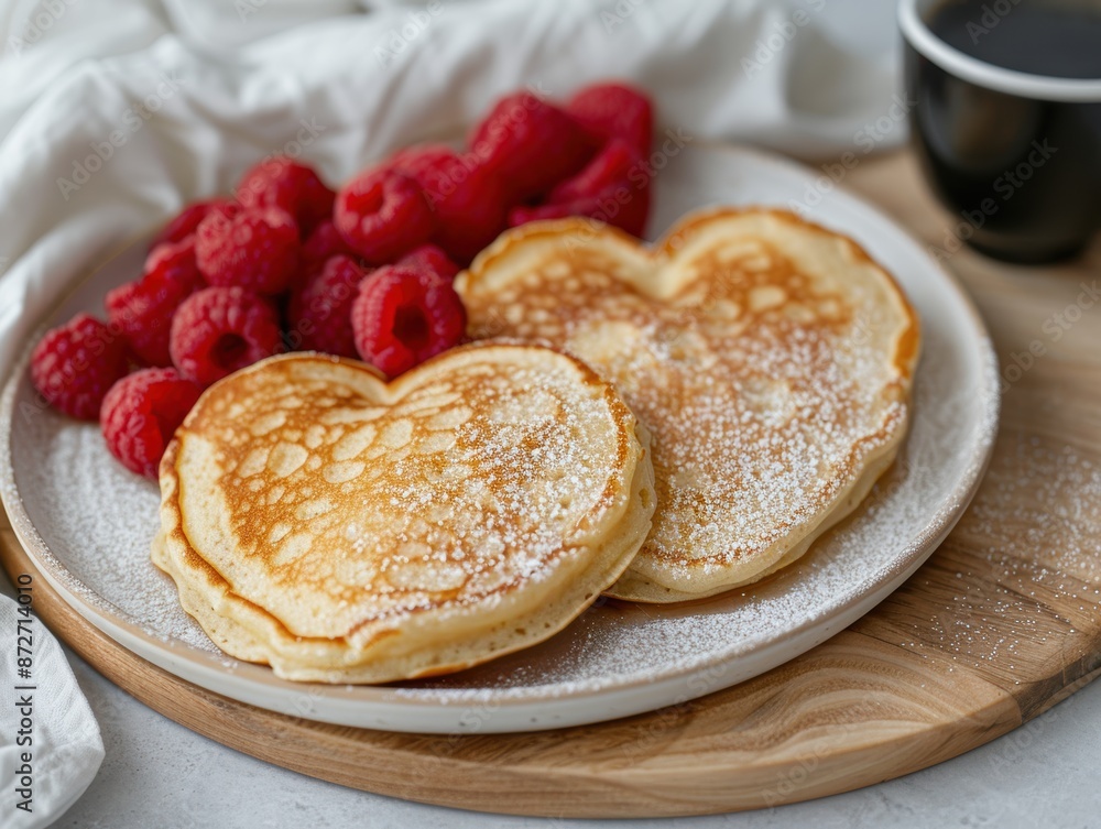 Poster heart-shaped pancakes with fresh raspberries