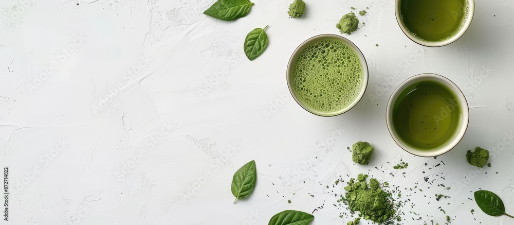 Aufkleber a flat lay showcasing green matcha tea on a white table with ample copy space image.