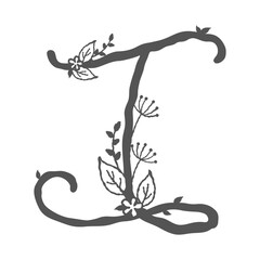Floral decorative initial alphabet monogram design with flowers, twigs, and leaves in elegant capital word letter i