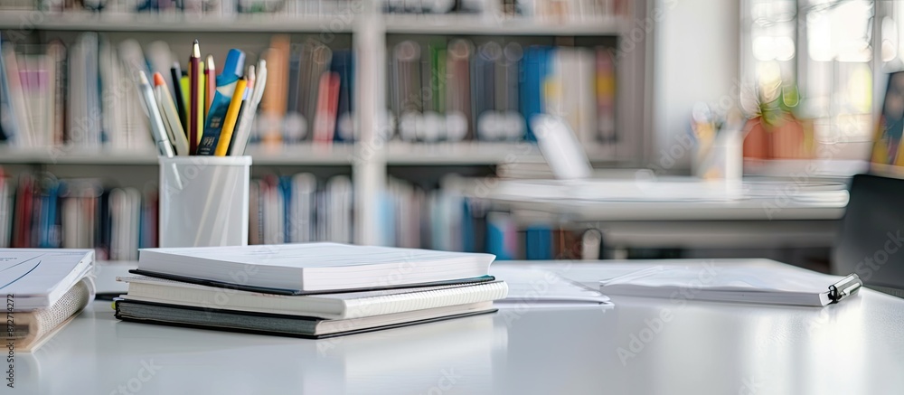 Poster An image of a white table in a blurry study room with books, stationery, and space for text or graphics. with copy space image. Place for adding text or design