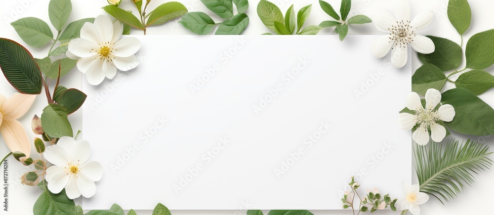 Aufkleber creative flat lay with a paper card mockup surrounded by green leaves and flowers, representing a na