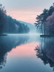 Fototapeta premium Serene dawn over a misty lake, pink sky reflecting on calm water, surrounded by trees creating a tranquil and peaceful landscape