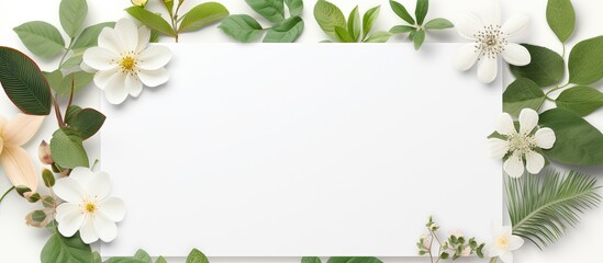 Fototapeta premium Creative flat lay with a paper card mockup surrounded by green leaves and flowers, representing a nature concept. Includes copy space image.