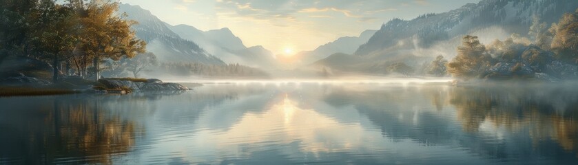 Obraz premium Serene mountain lake reflecting a beautiful sunrise with misty landscape and calm waters, capturing nature's tranquility and peaceful scenery.