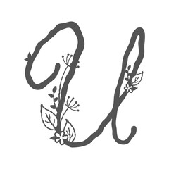 Floral decorative initial alphabet monogram design with flowers, twigs, and leaves in elegant capital word letter u