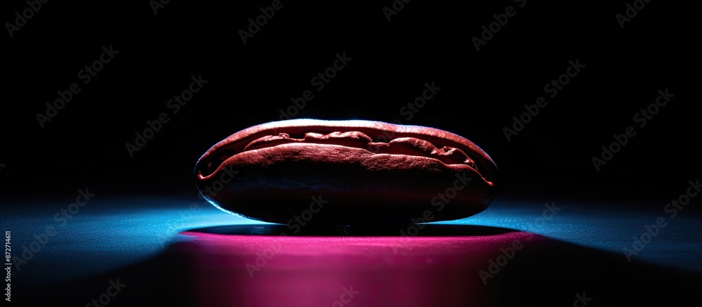 Fototapete Neon light highlights a close-up of a roasted coffee bean with space for text or images. with copy space image. Place for adding text or design